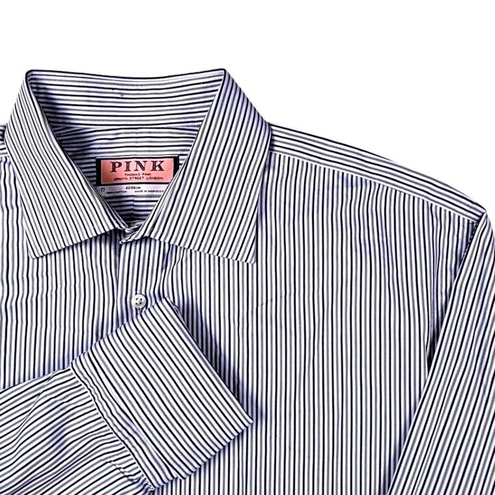 Thomas Pink Navy White Striped Cotton French Cuff Dress Shirt Men 17 35